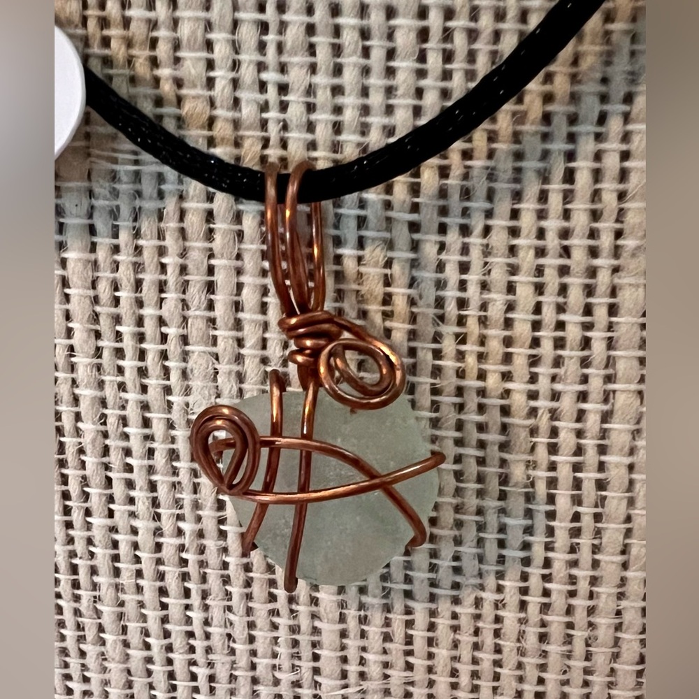 New Sea Glass and Copper Wire Wrapped Pendant on Black Silk Cord!